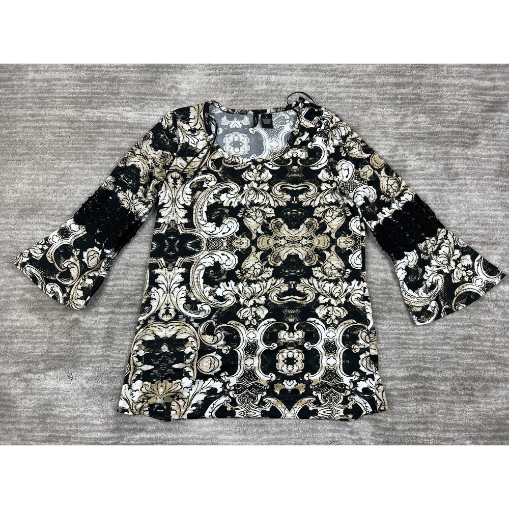New Directions Blouse Womens Medium Black Gold Damask Bell Sleeve Crochet Accent